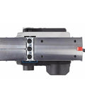 Efficient Three And A Quarter Inch Planer Kit Delivers Precise Stock Removal With A Powerful Six Point Five Amp Motor And Sixteen Thousand Five Hundred RPM Featuring A Dual Mount Guide Fence And Woodrazor Blades To Create Smooth Straight Edges On Doors, close-up of planer blades and motor.