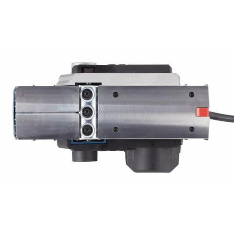 Efficient Three And A Quarter Inch Planer Kit Delivers Precise Stock Removal With A Powerful Six Point Five Amp Motor And Sixteen Thousand Five Hundred RPM Featuring A Dual Mount Guide Fence And Woodrazor Blades To Create Smooth Straight Edges On Doors, close-up of planer blades and motor.