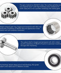 Technical diagram of Right Angle Planetary Gearbox For Nema23 Stepper Motor 7:1 Reducer 14mm Output, showing gear materials and components.