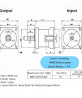 Technical drawing of Planetary Gearbox for Nema 34 Stepper Motor with 5 to 1 Reduction, detailing input and output specifications.