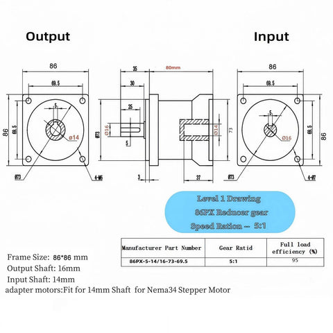 Technical drawing of Planetary Gearbox for Nema 34 Stepper Motor with 5 to 1 Reduction, detailing input and output specifications.