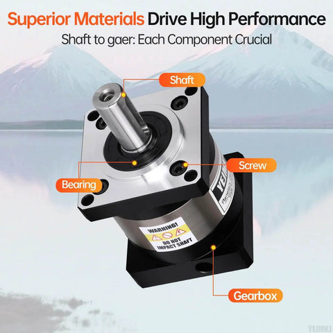 Ratio 10:1 Planetary Gearbox for Nema 23 Stepper Motor showing shaft, screw, bearing, and gearbox components