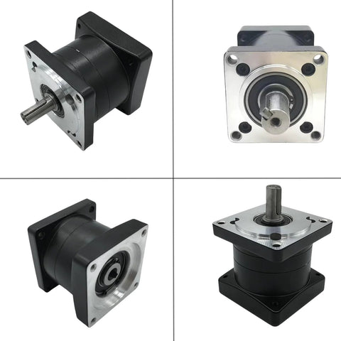 NEMA 34 planetary gearbox with square mounting flange, black housing and 14-inch input shaft.