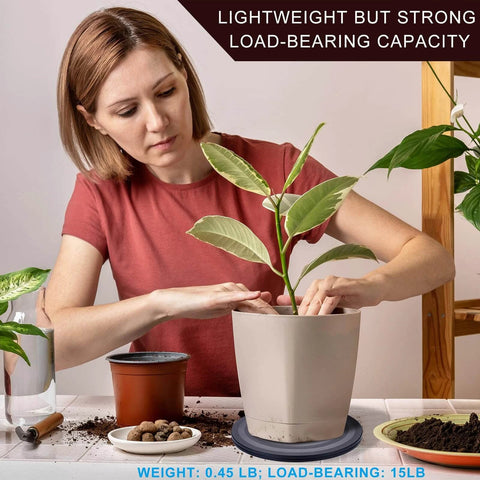 Woman using 8 Inch Lazy Susan Turntable Organizer for plants, demonstrating heavy duty swivel stand with steel ball bearings and non slip pads.