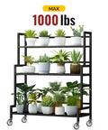 Metal plant shelf with 5 inch caster wheels no brake stem casters set of 4 heavy duty swivel castors, holding potted plants, supports 1000 lbs.