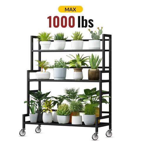 Metal plant shelf with 5 inch caster wheels no brake stem casters set of 4 heavy duty swivel castors, holding potted plants, supports 1000 lbs.