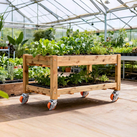 4 inch industrial heavy duty caster wheels set of 4 with polyurethane swivel design on a wooden planter.