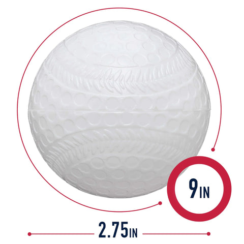 Close-up of MLB Plastic Baseballs - 8 Pack showing size and perforation details.