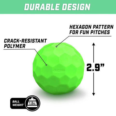 Close-up of a durable 2.9-inch green plastic baseball from the Plastic Baseballs - 6 Pack, featuring a hexagon pattern for fun pitches.