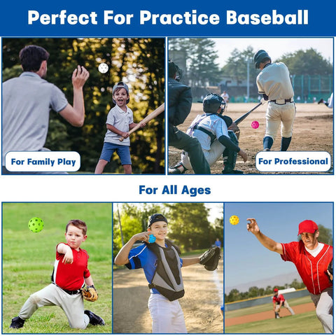 Baseball practice with kids and adults using 50 Pack Baseball Practice Balls Plastic Training Balls Lightweight Hollow Softballs for Hitting.