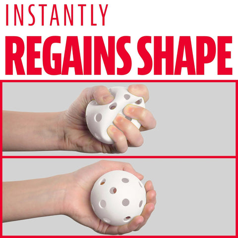 Hand squeezing Franklin Sports Plastic Baseballs - Indestruct-A-Ball Plastic Batting Practice Baseballs, instantly regains shape.