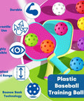 Colorful plastic baseball training balls with focus on durability, versatility, and limited flight range for indoor and outdoor use.