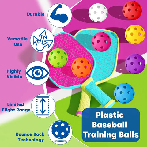Colorful plastic baseball training balls with focus on durability, versatility, and limited flight range for indoor and outdoor use.