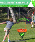 Kids playing with Plastic Baseballs - 6 Pack and plastic bat set by pitching to a net in a backyard setting.