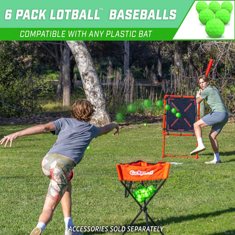 Kids playing with Plastic Baseballs - 6 Pack and plastic bat set by pitching to a net in a backyard setting.