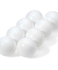 Eight white perforated MLB Plastic Baseballs - 8 Pack arranged in a row for safe practice and training.
