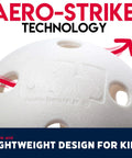 Close-up view of a plastic baseball featuring Aero-Strike Technology, showcasing hollow design for kids. Plastic Baseballs - MLB.