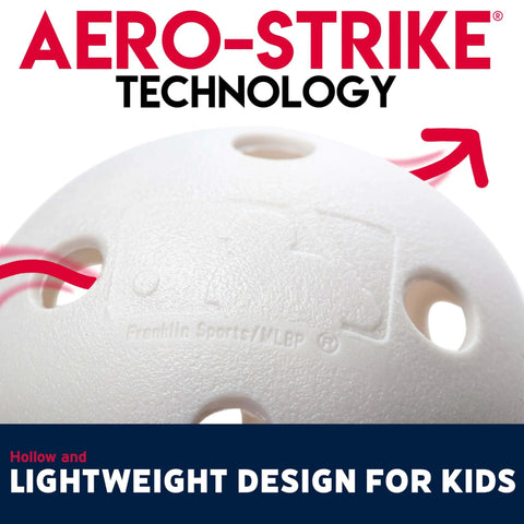 Close-up view of a plastic baseball featuring Aero-Strike Technology, showcasing hollow design for kids. Plastic Baseballs - MLB.