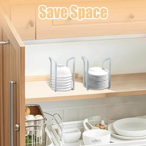 2 Pcs Bowl Rack for Kitchen Cutlery, Retractable Plastic Dish Rack with bowls and plates stacked in kitchen cabinet