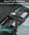 Close-up of ergonomic handle and storage compartment of Heavy Duty Plastic Utility Cart On Wheels With 550 Lb Capacity 2 Shelf Rolling Service Cart For Warehouse Garage School And Office Cleaning YITAHOME Black.