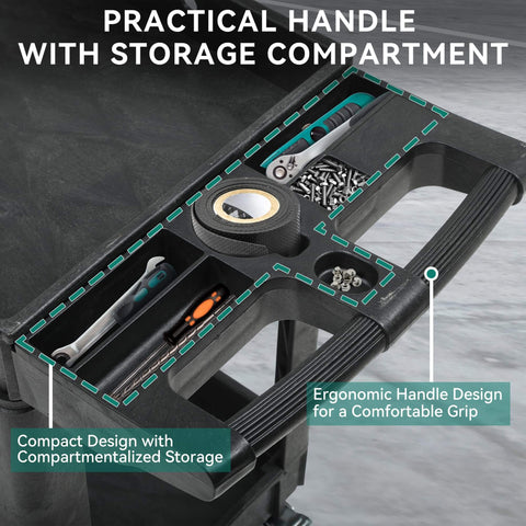 Close-up of ergonomic handle and storage compartment of Heavy Duty Plastic Utility Cart On Wheels With 550 Lb Capacity 2 Shelf Rolling Service Cart For Warehouse Garage School And Office Cleaning YITAHOME Black.