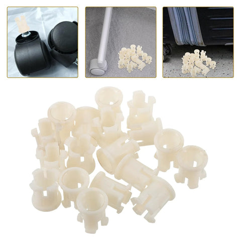Plastic Caster Socket Sleeves Set Of 20 Universal Wheel Socket Inserts shown with chair leg and furniture fitting examples