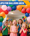 Children under a colorful balloon arch secured with 24 Pack 3.5 Inch Plastic Spring Clamps Black Heavy Duty Clips Backdrop Clips.