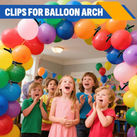 Children under a colorful balloon arch secured with 24 Pack 3.5 Inch Plastic Spring Clamps Black Heavy Duty Clips Backdrop Clips.