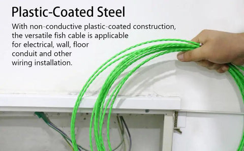 Hand holding Plastic Coated Steel Fish Tape Wire Puller for wall installations, 32 ft, green plastic-coated steel for wiring