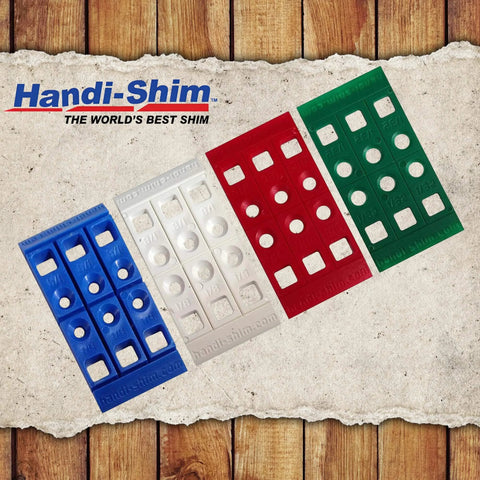 Heavy Duty Reusable Plastic Construction Shims Set Of 100 For Spacing Leveling And Plumbing Projects In Four Sizes Shown In Green Red White Blue