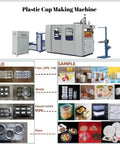 Commercial Disposable Plastic Cup Making Machine All In One Thermoforming Gear For PP PS PET Sheets in action with product samples