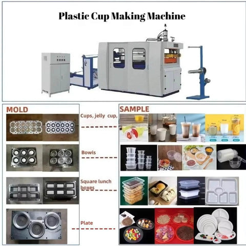 Heavy Duty Disposable Plastic Cup Making Machine With Fully Automatic Thermoforming System And In Mold Cutting shown with samples