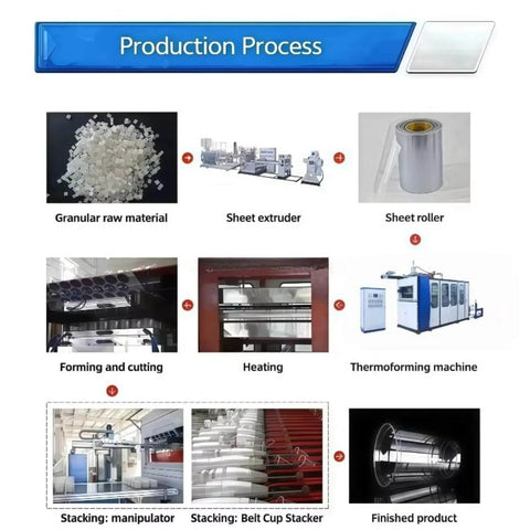 Production process stages of heavy duty disposable plastic cup making machine with thermoforming system for high volume manufacturing