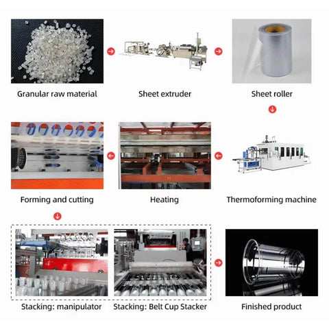 Process flow of Automatic Disposable Cup Making Machine With PLC Controlled Thermoforming System, showing materials to finished cups.