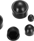145 Piece Set Plastic Screw Cap Covers For Hex Bolts Dome Style Fits M4 To M12 in different sizes and black color.