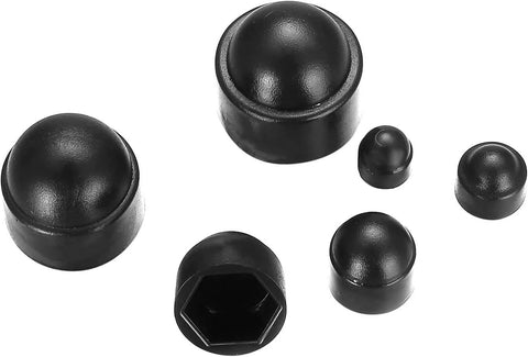 145 Piece Set Plastic Screw Cap Covers For Hex Bolts Dome Style Fits M4 To M12 in different sizes and black color.
