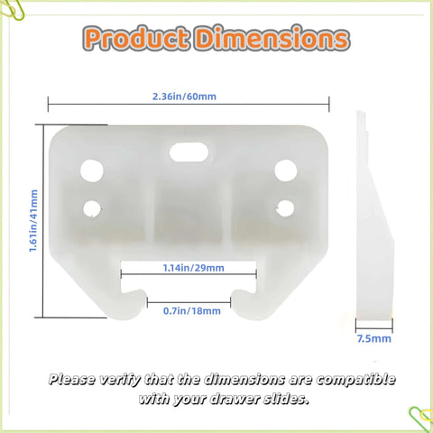 Dimensions of 12 Pack Plastic Drawer Guides Center Mount Rails And Brackets White Replacement Parts for dressers and cabinets.