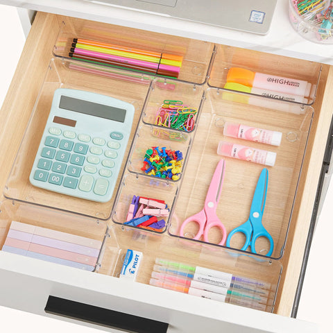Clear Plastic Drawer Organizer Set 25 Pieces in Four Sizes for Makeup Vanity Bathroom Kitchen and Office Declutter Drawer Space