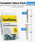 Package of #8 Self Drilling Drywall Plastic Anchors with Screws, 25 pack, for 3/8 1/2 and 5/8 drywall, heavy duty 75 lb rating