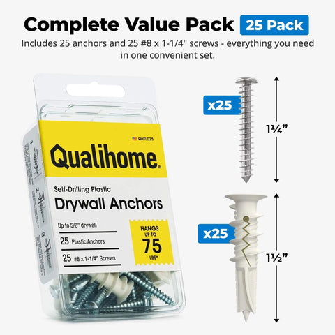 Package of #8 Self Drilling Drywall Plastic Anchors with Screws, 25 pack, for 3/8 1/2 and 5/8 drywall, heavy duty 75 lb rating
