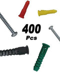 Plastic Drywall Anchors and Screws Kit 400 Piece Set with ribbed anchors and carbon steel screws various colors with number 400 shown