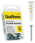 Package of Qualihome #8 Self Drilling Drywall Plastic Anchors with Screws, No Pre Drill Needed, 75 lb Rating, Deep Thread Design