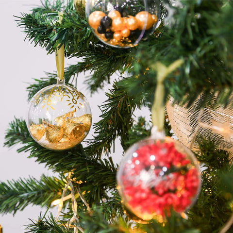 20 PCS Clear Plastic Fillable Balls Ornaments, 3.15 Inch Christmas Ornament Balls on tree with gold and red decorations