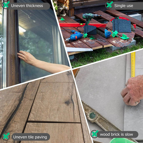 Collage showing issues resolved by 120 Pcs Plastic Flat Shims For Leveling Structural Tile And Surfaces Durable PP Material.