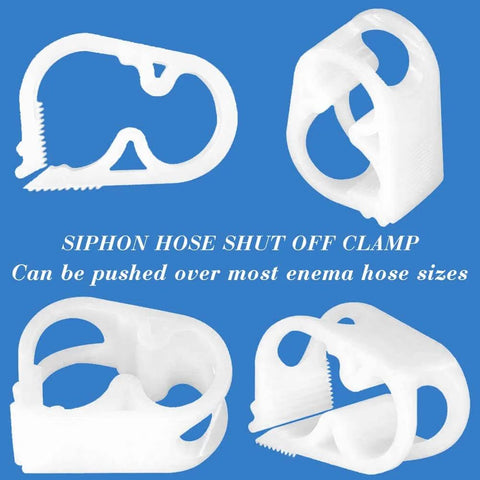Plastic Tube Clamps For Half To Three Quarter Inch Tube OD Adjustable Mini Flow Control Hose Clamps For Beer Bottles And Infusion Bottles Pack Of 2 Made From Durable POM Plastic With Elastic Clamping Force For Secure Sealing, shown from different angles on blue background.