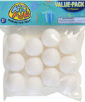 Quality Plastic Golf Balls, 12 Pack in clear packaging, ideal for carnival games and practice, showing hollow design and 1.5-inch size.