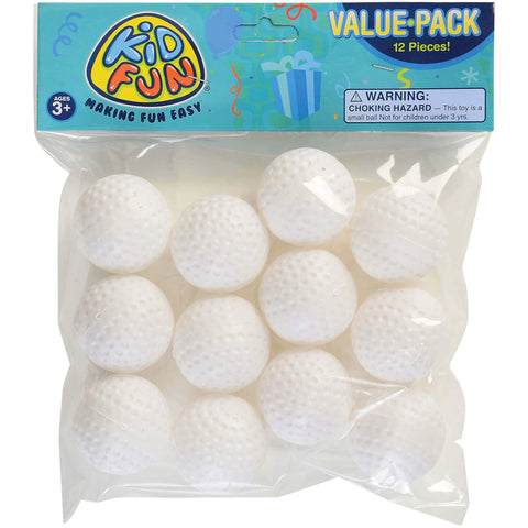 Quality Plastic Golf Balls, 12 Pack in clear packaging, ideal for carnival games and practice, showing hollow design and 1.5-inch size.