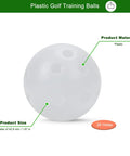 Close-up of a 50PC Plastic Golf Training Ball 42 mm, white, with 26 holes, shown with product size and material details.