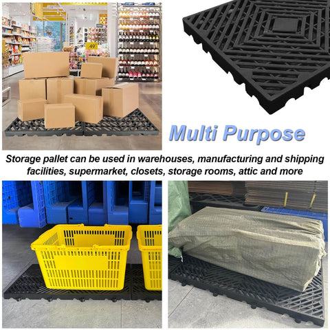 10 Pcs Lightweight Plastic Pallets 11.8 By 23.6 By 1.18 Inch Waterproof Moisture Proof Floor Pallets For Garage Basement Industrial Storage With Grid Ventilation Blue And Black in use in a warehouse setting.