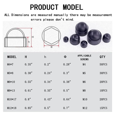 Diagram and sizes of 145 Piece Set Plastic Screw Cap Covers For Hex Bolts Dome Style Fits M4 To M12 Easy Install Bolt Protection Caps